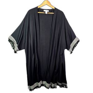 H&M Coachella Open Front Black Tassel Trim Festival Cover Up L Boho